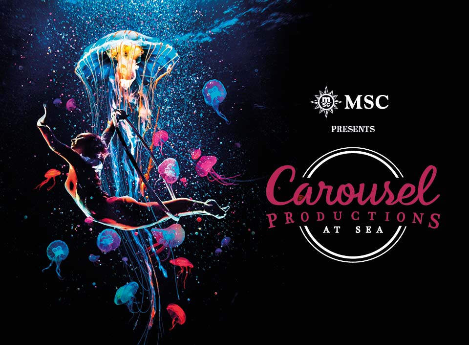 Aerial acrobat performing underwater-themed show with vibrant jellyfish | MSC Cruises Aerial acrobat performing underwater-themed show with vibrant jellyfish | MSC Cruises
