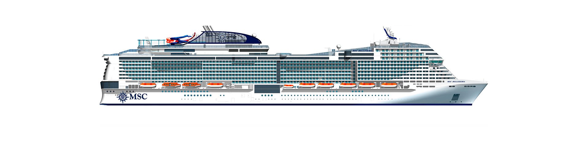Illustration of an MSC cruise ship with lifeboats and modern design | MSC Cruises Illustration of an MSC cruise ship with lifeboats and modern design | MSC Cruises