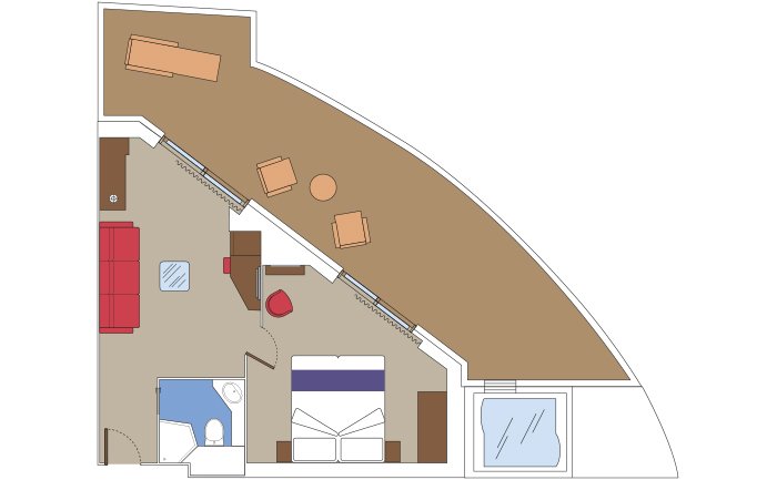 Spacious cruise suite with double bed, seating area, bathroom, and private balcony with jacuzzi | MSC Cruises Spacious cruise suite with double bed, seating area, bathroom, and private balcony with jacuzzi | MSC Cruises