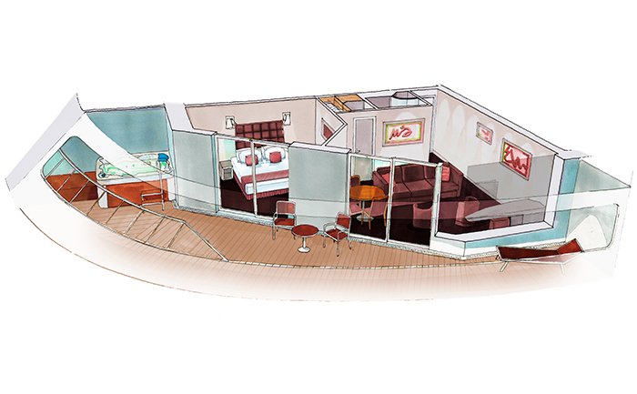 Spacious cruise suite with private balcony, modern decor, and separate living area | MSC Cruises Spacious cruise suite with private balcony, modern decor, and separate living area | MSC Cruises